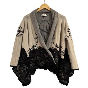 Simply Couture Lace Trim Cardigan Open Knit Sweater Beige Black S/M Whimsygoth